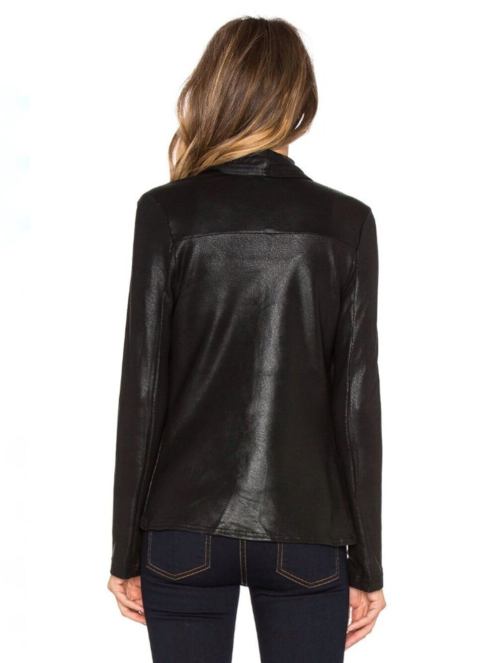 KRISA Black Coated Terry Faux Leather Open Drape Front Moto Jacket, Size S - Picture 3 of 16